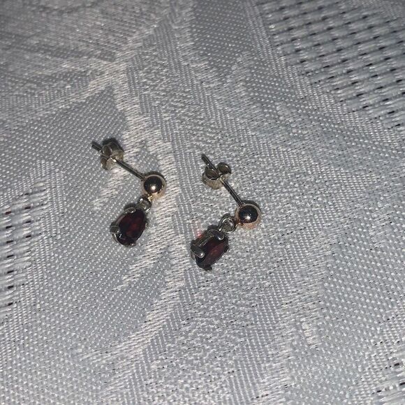 Gold 925 Garnet Dainty Drop Pierced Earrings - Picture 5 of 11